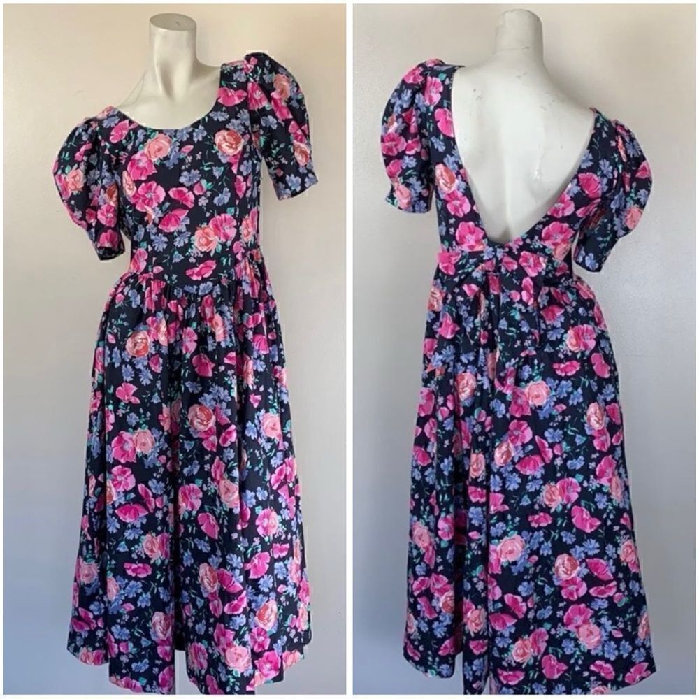 Laura Ashley Floral Midi Dress Puff Sleeves bow & Open plunging Back sz 10 prom - Picture 9 of 16